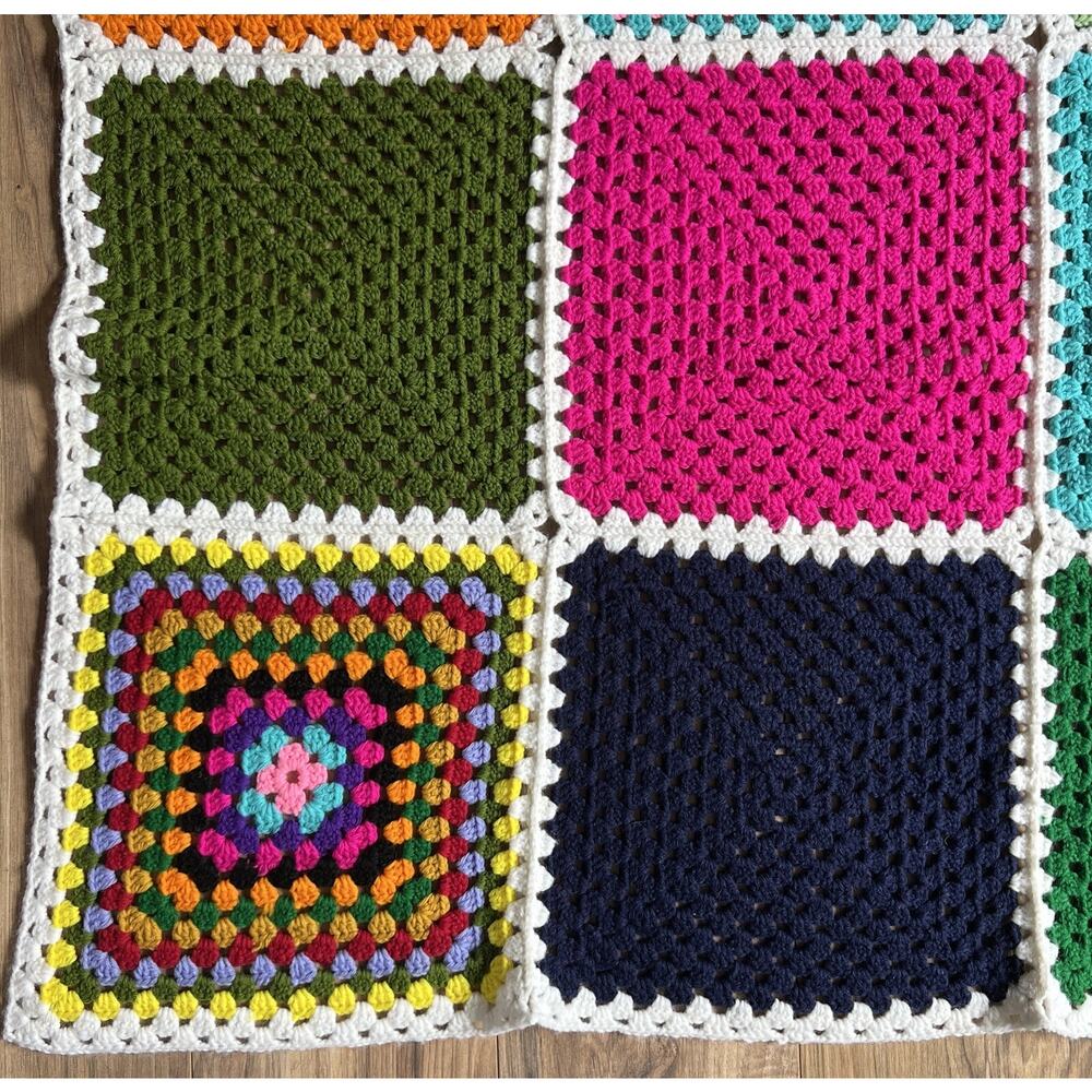 Vtg Crochet Granny Square Roseanne Blanket MultiColored Afghan Throw 66" X 51" - Picture 6 of 11